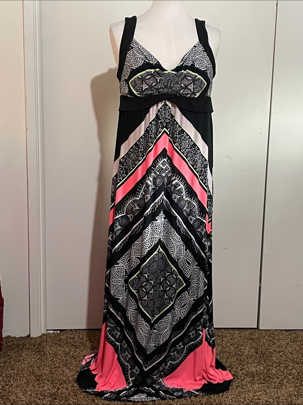 Style & Co. Red Black Geometric Maxi Sleeveless V-Neck Pullover Dress
